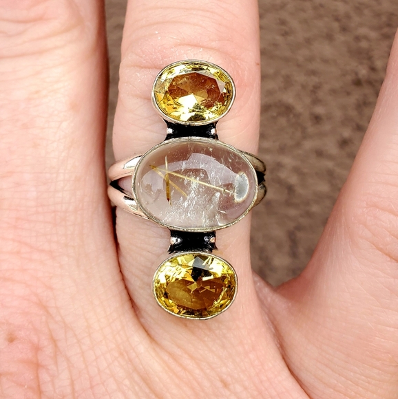 New Golden Rutile and Citrine 925 Silver Ring. - Picture 6 of 16